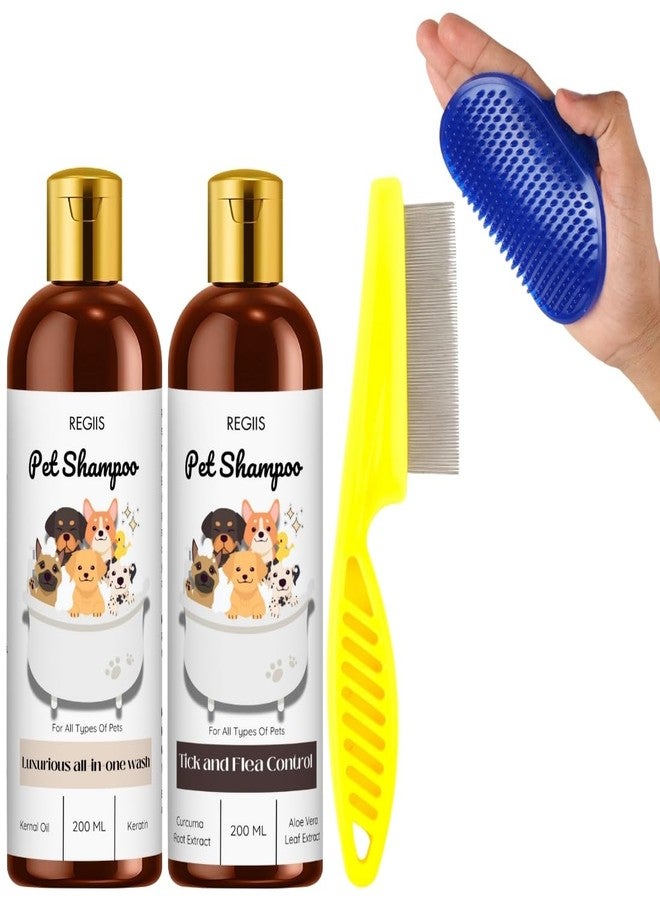 مجموعة شامبو الحيوانات الأليفة من ريجيس مع أدوات العناية، لمكافحة القراد والبراغيث، غسول شامل، 200 مل، تتضمن مشطًا وفرشاة للبراغيث، لجميع أنواع الكلاب (عبوة من 4 قطع) - Image 1